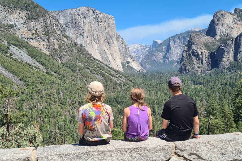 Family picnic at the base of Lower Yosemite Falls in Yosemite National Park