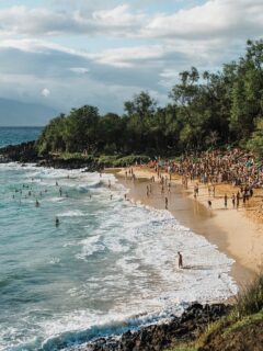 Crowds enjoying the ocean and sandy shore at Little Beach, a popular nudist beach in Hawaii surrounded by lush greenery and volcanic rocks.