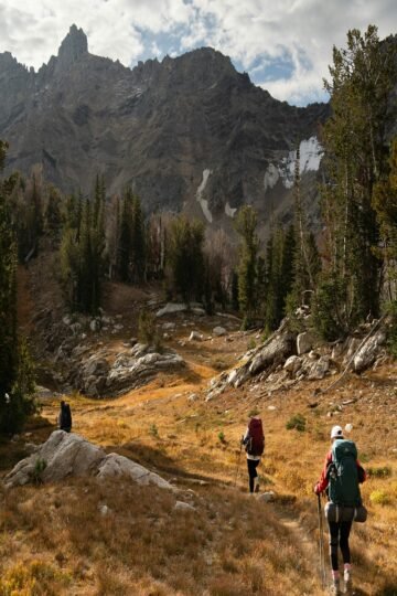 Hikers exploring mountain trails in National Parks East Coast USA surrounded by pine trees and rocky peaks